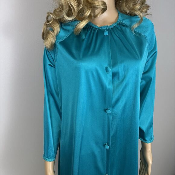 Vintage Vanity Fair Small Button Robe Housecoat Teal Nylon Antron III Pocket - Picture 2 of 7